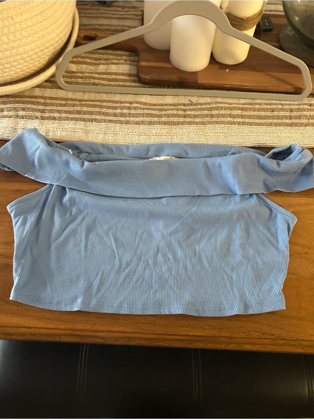 Off-Shoulder Ribbed Crop Top in Light Blue